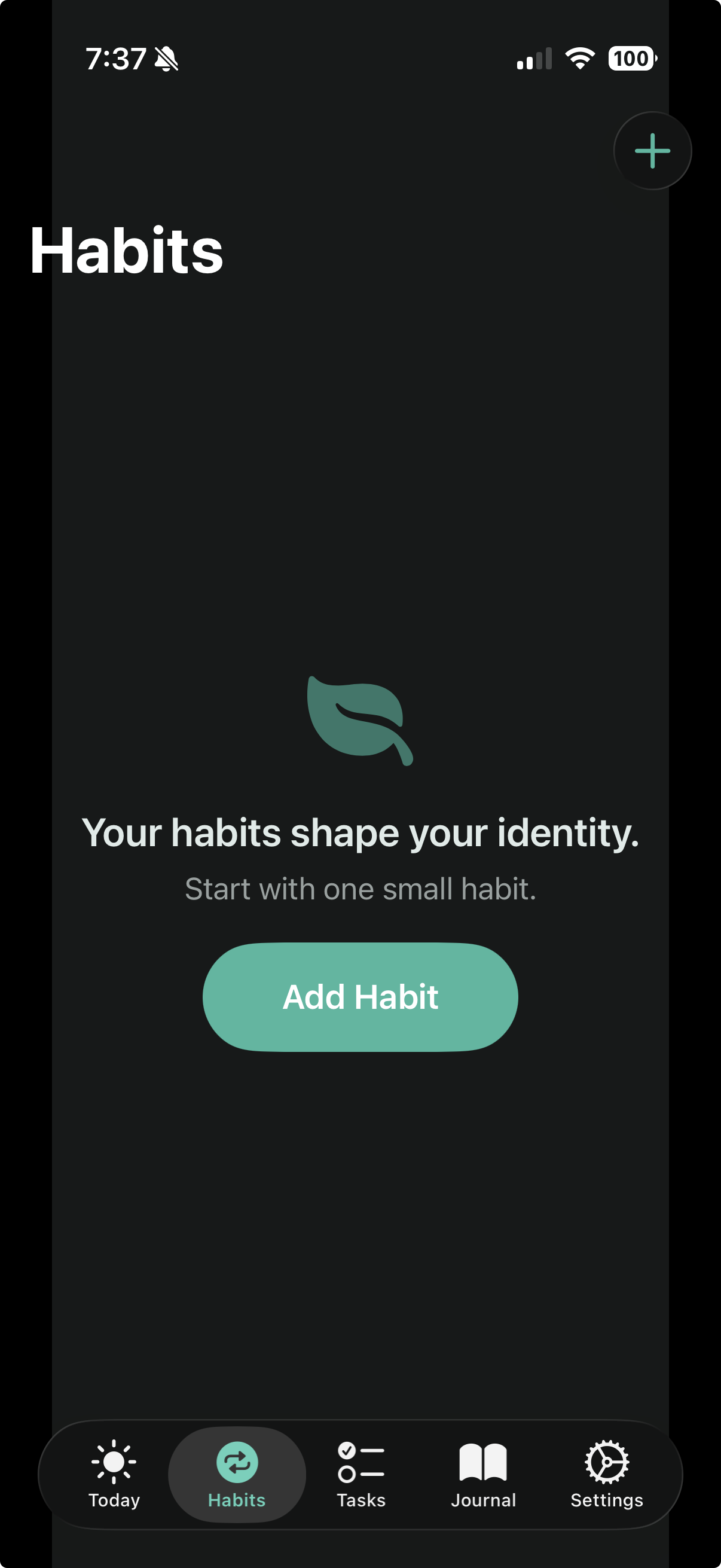 Habits tab with identity-based habit tracking